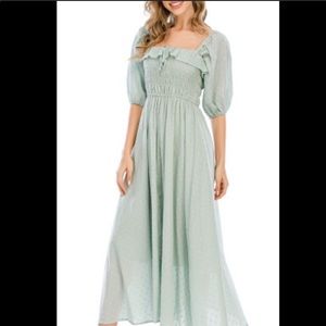 Smocked Square-Neck Puff Sleeve Maxi Dress in Sage Green